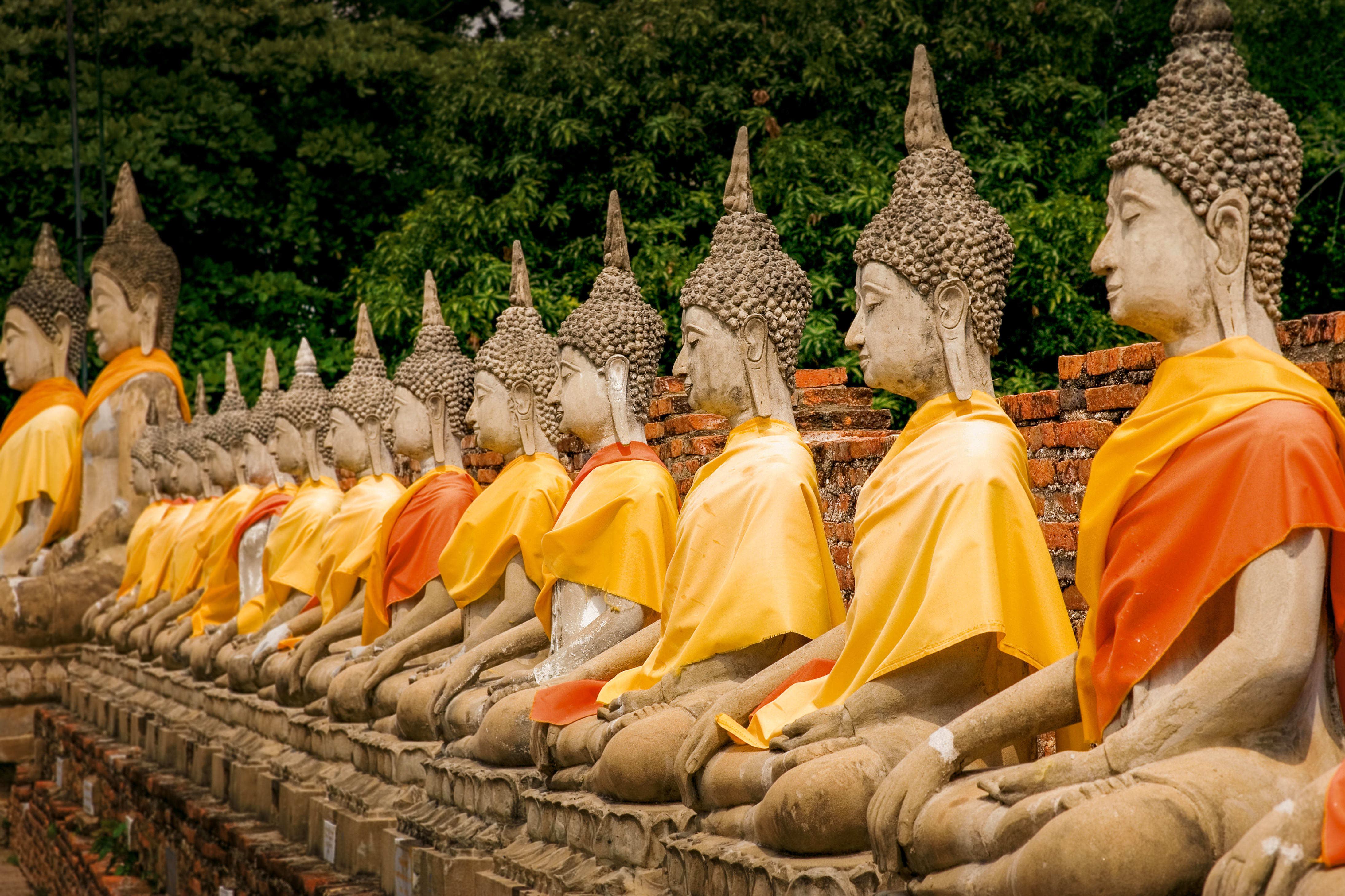 Rij aangeklede bhoedda beelden nabij Tempel, te zien bij reizen naar Thailand
